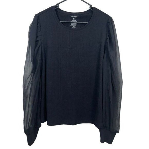 Nine West Women SZ XL Black Long Sheer Sleeves Top Blouse. Stretch Basic - Picture 6 of 10